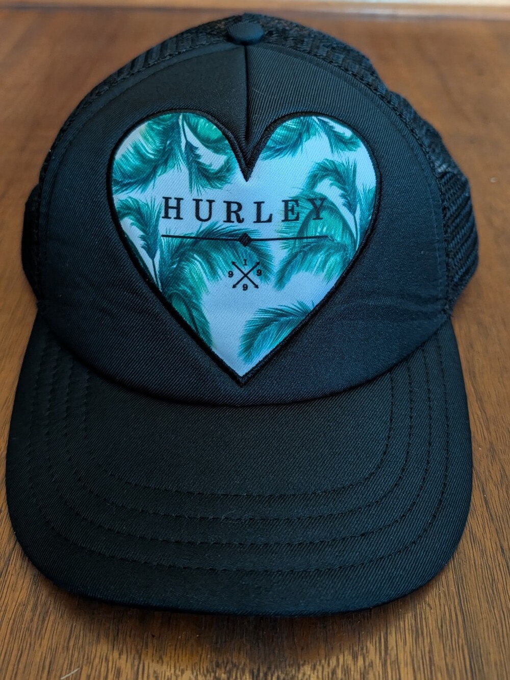 Hurley Black Trucker Hat with Teal Palm Heart Patch